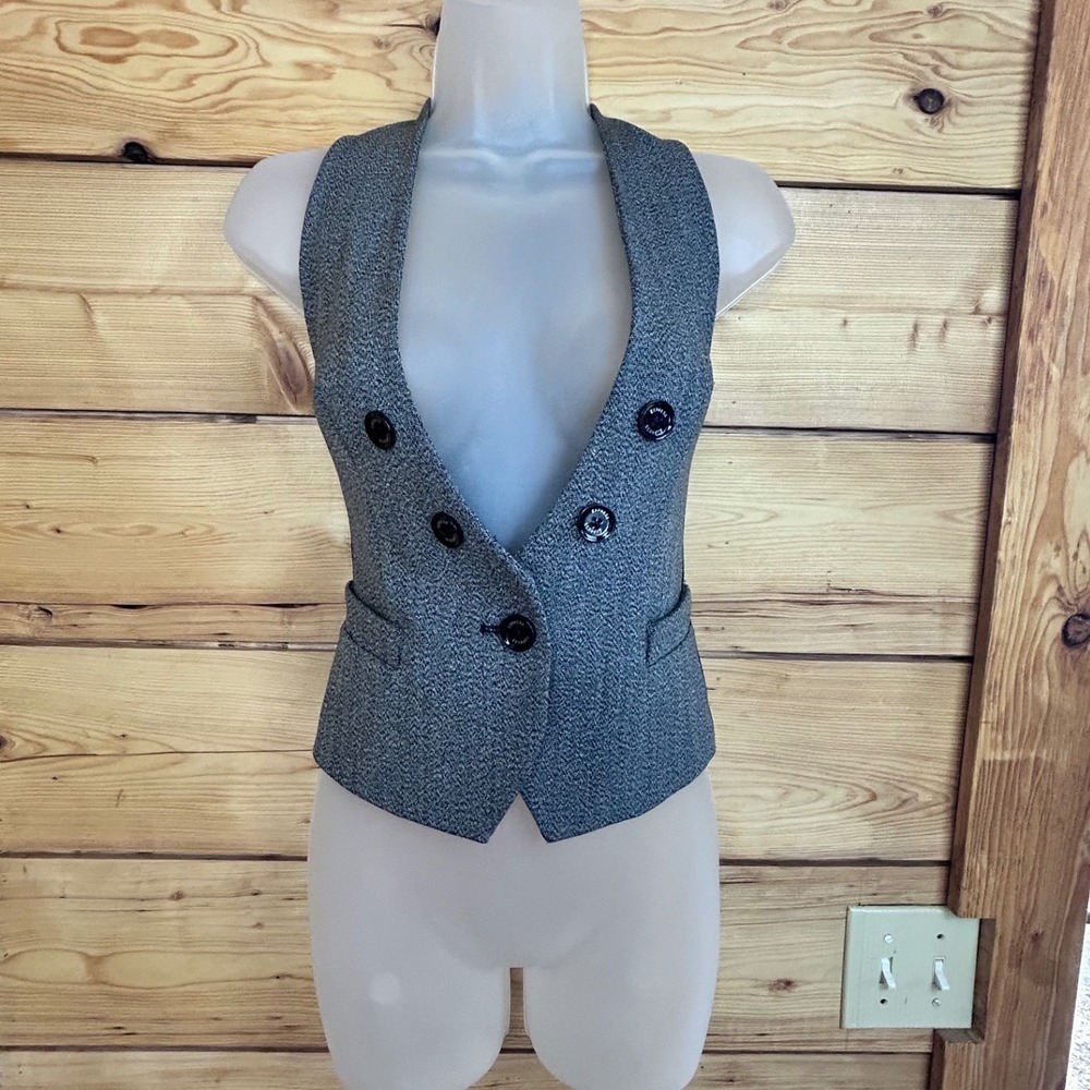 Express Gray Tweed Peplum Vest‎ Double Breasted Leopard Lining Size 10